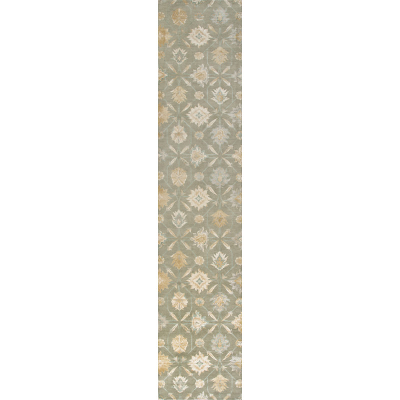 Palmettes Floral Area Rug in Gold/Aqua/Silver, Runner 3' x 10'
