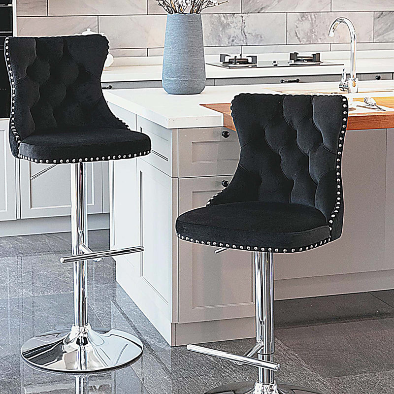 Tabourets de bar pivotants en velours à hauteur de siège réglable, tabourets de bar rembourrés modernes à base chromée avec dossier capitonné confortable, ensemble de 2