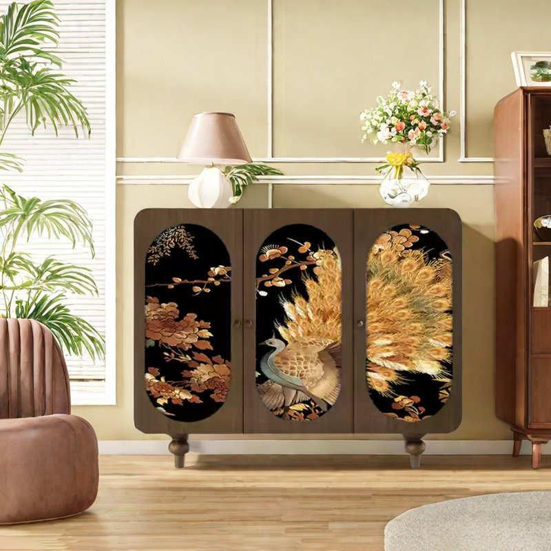 Gold silk peacock design solid wood sideboard, Nut/Brown