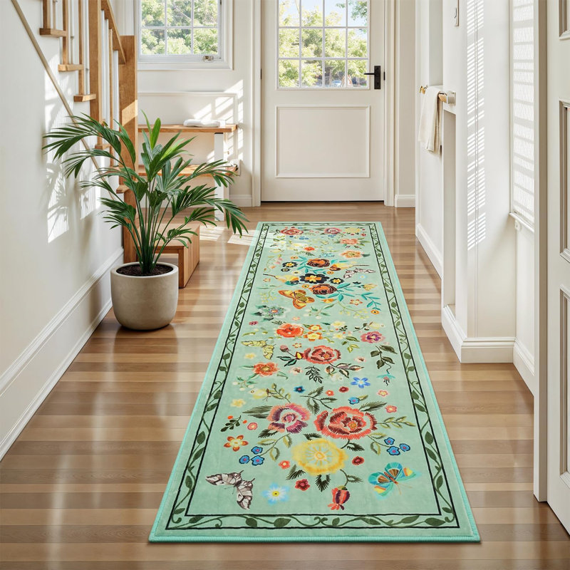 2'X6' Vintage Floral Runner Rug for Hallway Green, Runner 2'X6', Green