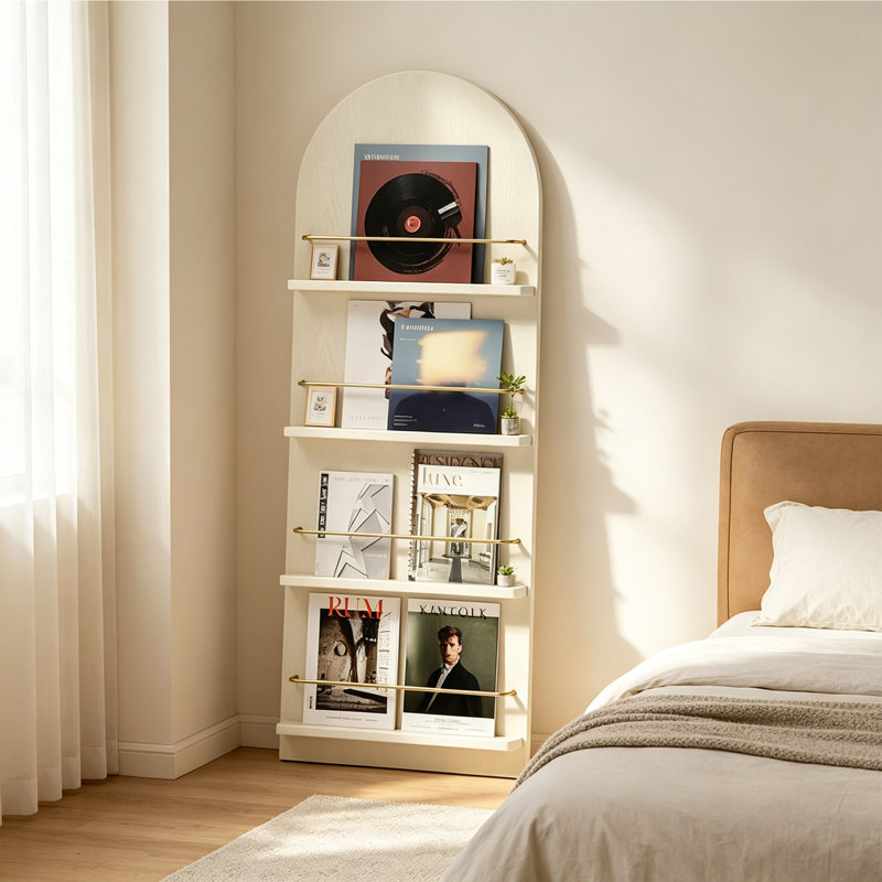 Porte-revues arqué en bois d'hévéa, H 63 po x l 22,83 po x P 12,6 po, Crème