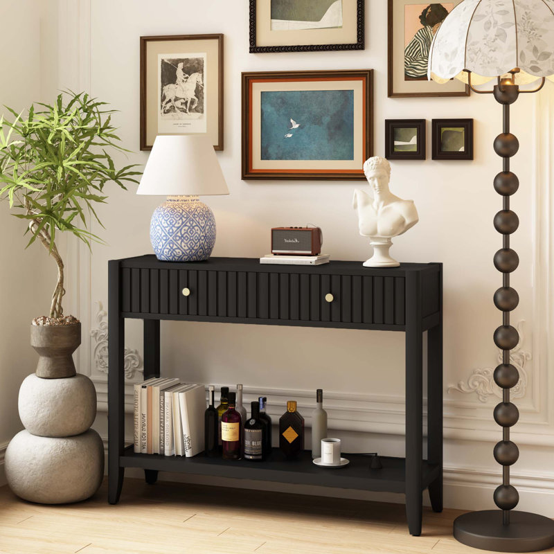Narrow Wood Accent Console Table with Drawers and Storage Shelf