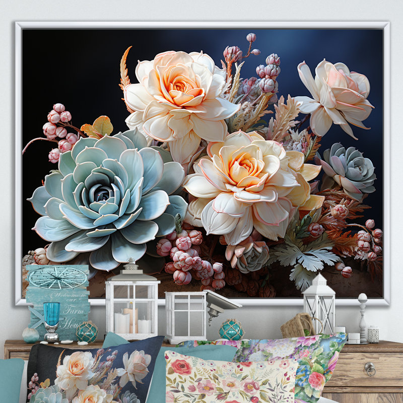 «Succulent Farmhouse Still Life II», reproduction sur toile, Cadre flottant blanc, H 16 po x l 32 po x P 1 po