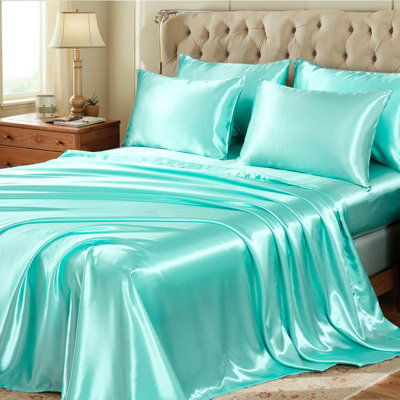 Ensemble d'édredon en satin avec ensemble de draps pour très grand lit 8 pièces Silk Like Aqua Green