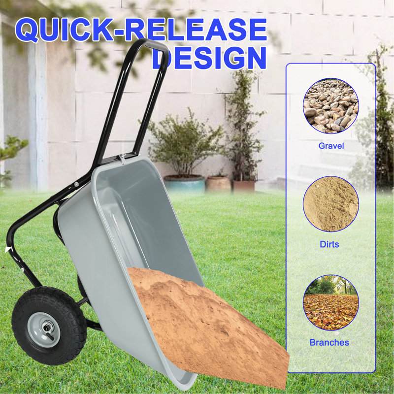 Brouette utilitaire de jardin à 2 roues avec roues pneumatiques de 25 cm (10 po), grise