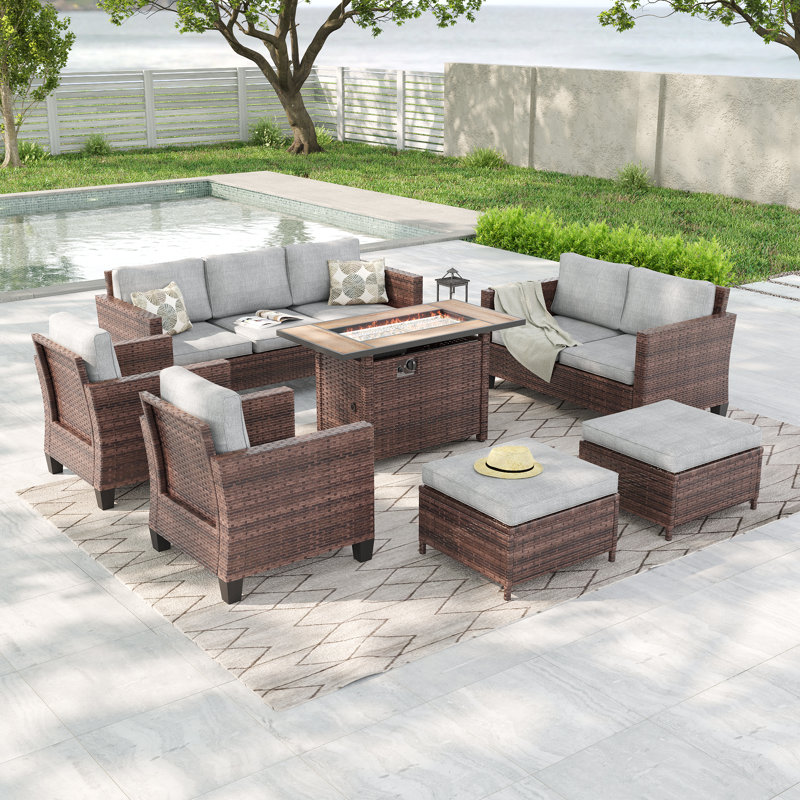 7-Pieces Patio Sofa Sets with 45'' Fire Pit Table, PE Rattan Wicker for Patio , Deck and Yard, Brown, Linen Gray