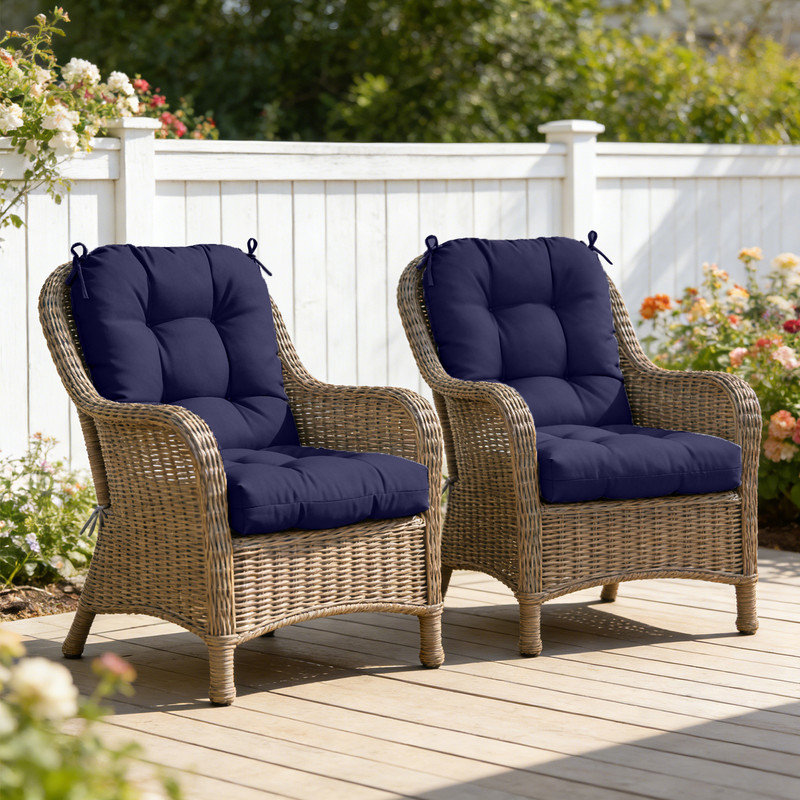 2 Piece 4" Thick Chair Cushion Indoor and Outdoor Seat / Back Cushions with Straps, Dark Blue