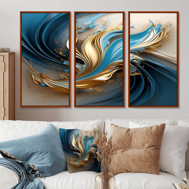 «Blossoming Tide Turquoise Bliss - Waves», ensemble de reproduction d'art mural, Cadre flottant brun
