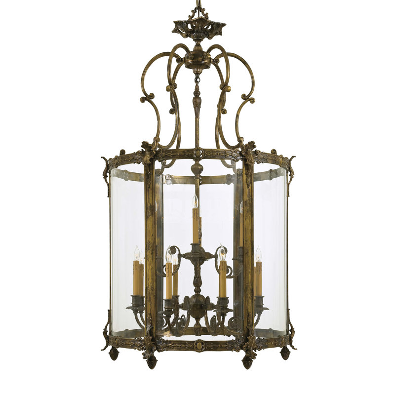 Antique Bronze Patina Drum Chandelier with Clear Glass and Brass