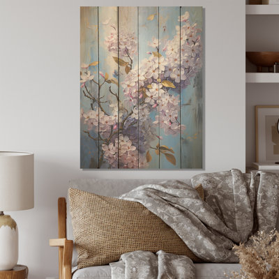 Lilas mauve et mauve en fleurs I - lilas, art mural sur bois de pin naturel