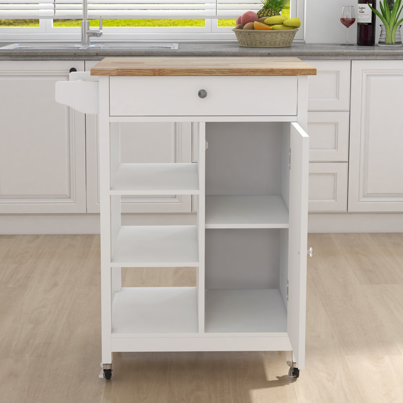 Îlot de cuisine avec chariot à roulettes avec tablettes réglables et plateau à serviettes en bois d'hévéa