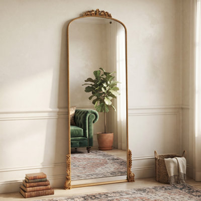 H 72 po x l 30 po Miroir de plancher pleine longueur arqué en métal avec cadre décoratif doré antique et miroir mural autoportant