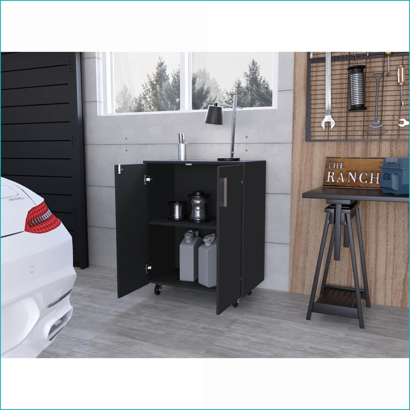 Base de rangement avec 4 roulettes, 2 portes doubles et 2 tablettes, noir | Moderne | Mélamine