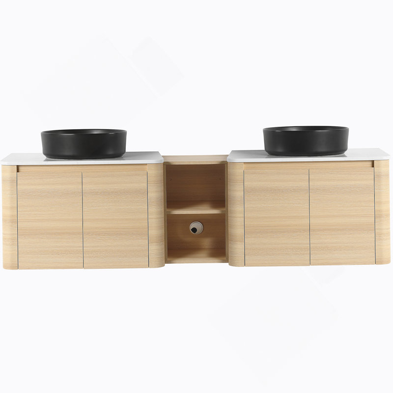 Meuble-lavabo mural 72 po avec lavabo d'art en céramique, tablettes de rangement et portes à fermeture en douceur, peu encombrant et élégant