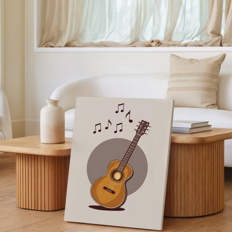 Toile, illustration fantaisiste d'une guitare acoustique centrée sur un art mural, fond beige doux avec une texture subtile