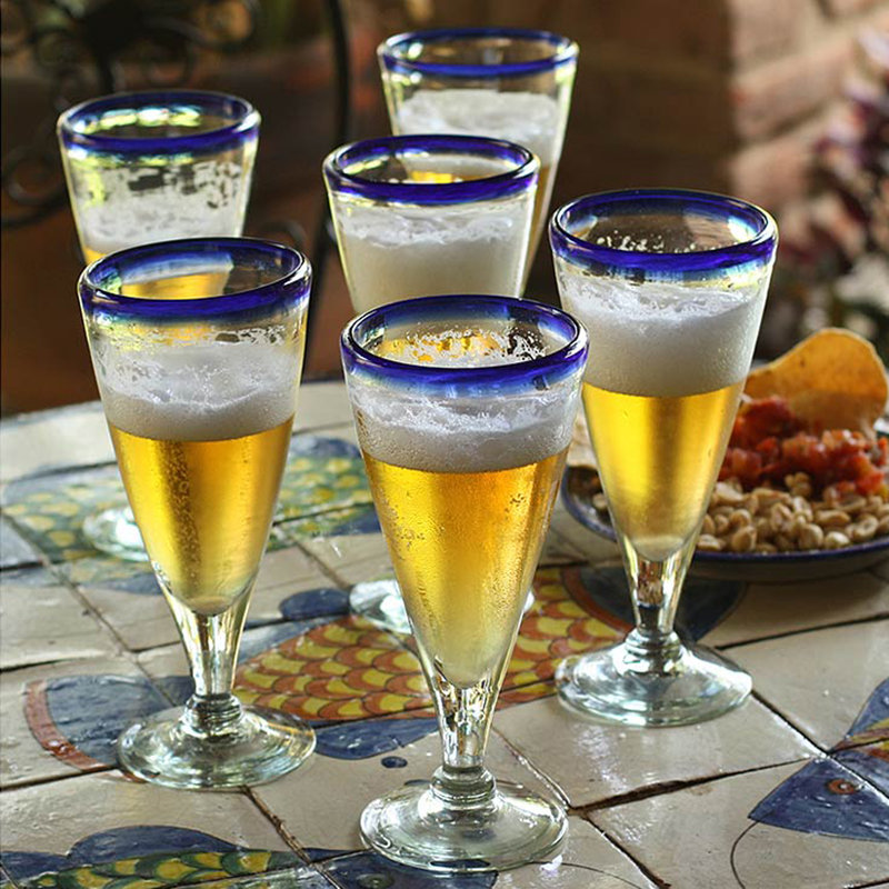Ensemble de 6 verres à bière à jante bleue soufflés à la main