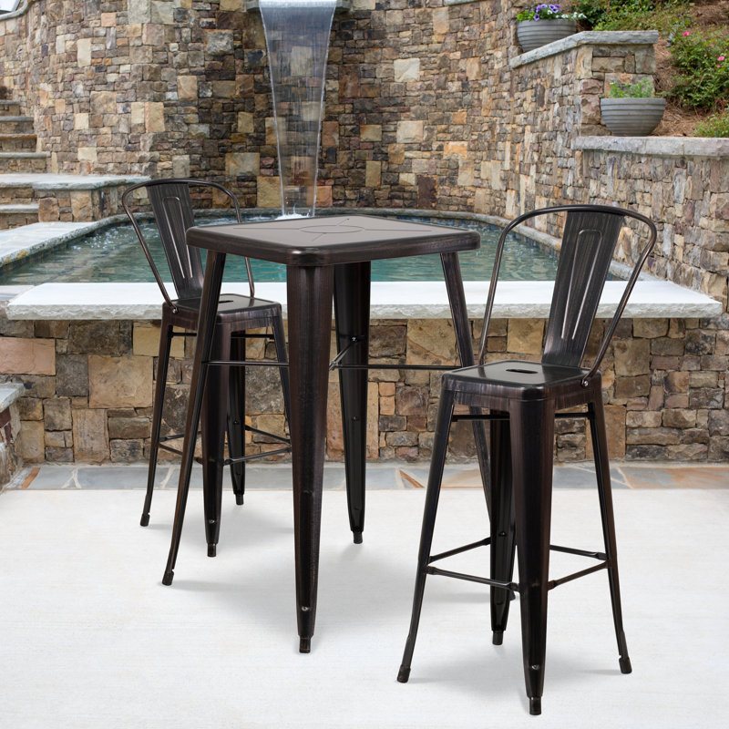 Toquerville Square Metal Indoor-Outdoor Bar Table Set with 2 Stools with Backs, Coal Black