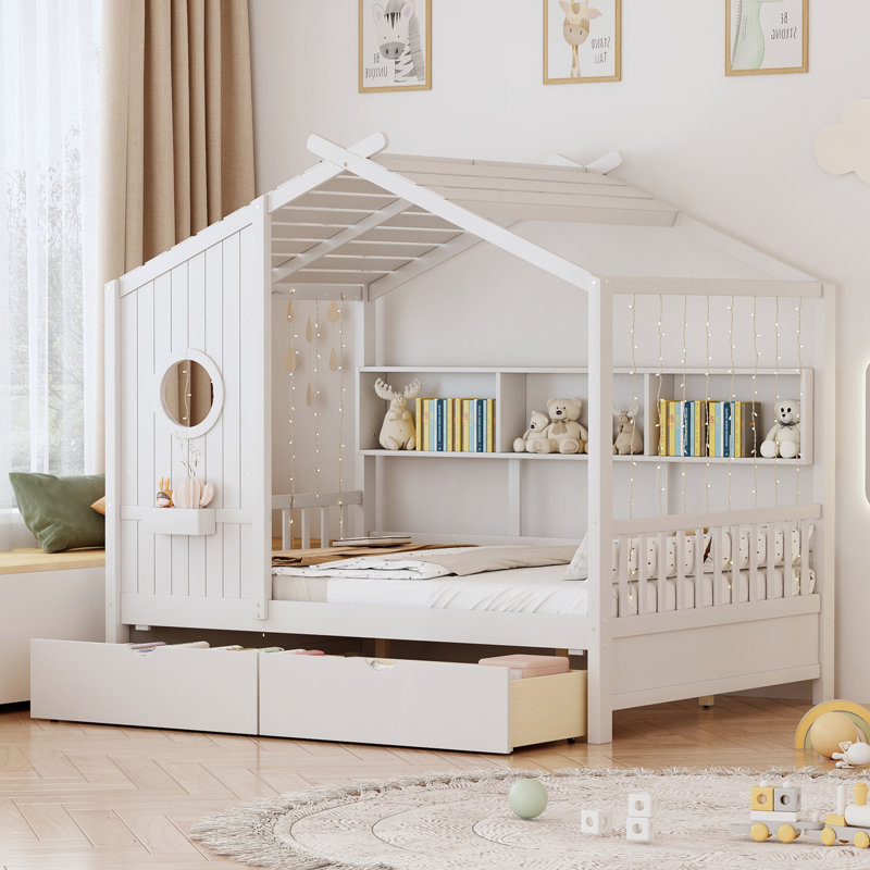 Lit double en bois avec 2 tiroirs, lit pour enfant avec tablette de rangement, maisonnette pour le plaisir et le confort