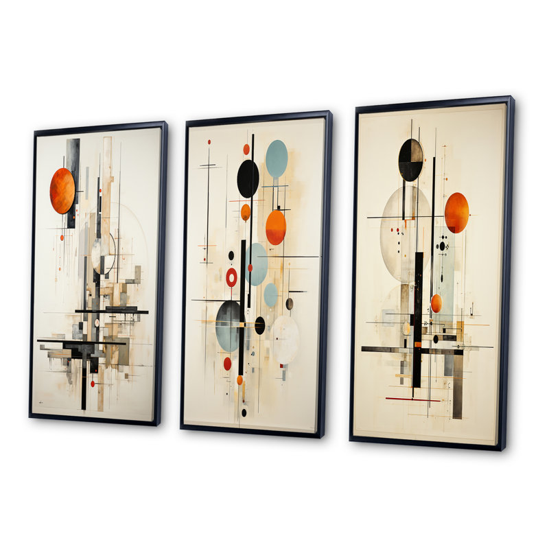 "Harmonie équilibrée beige et suprématisme" - 3 pièces sur toile, H 20 po x l 12 po, Cadre noir