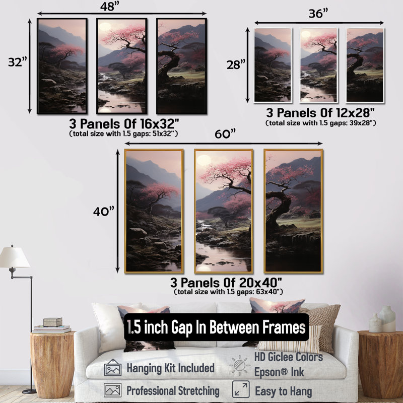 Silhouette de cerisier en fleurs - Art mural cerisier en fleurs, Cadre flottant noir, H 28 po x l 36 po x P 1 po