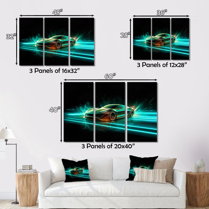 Teal Neon Exotic Car III Transportation Wall Decor on Metal
