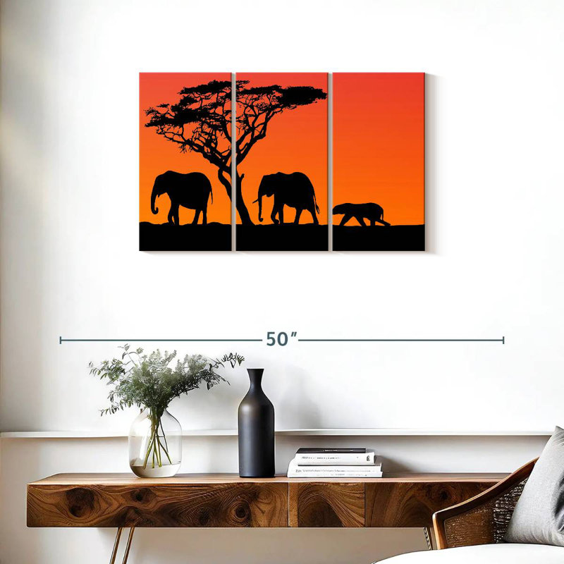Orange Sunset Elephants, 20" H x 33" W