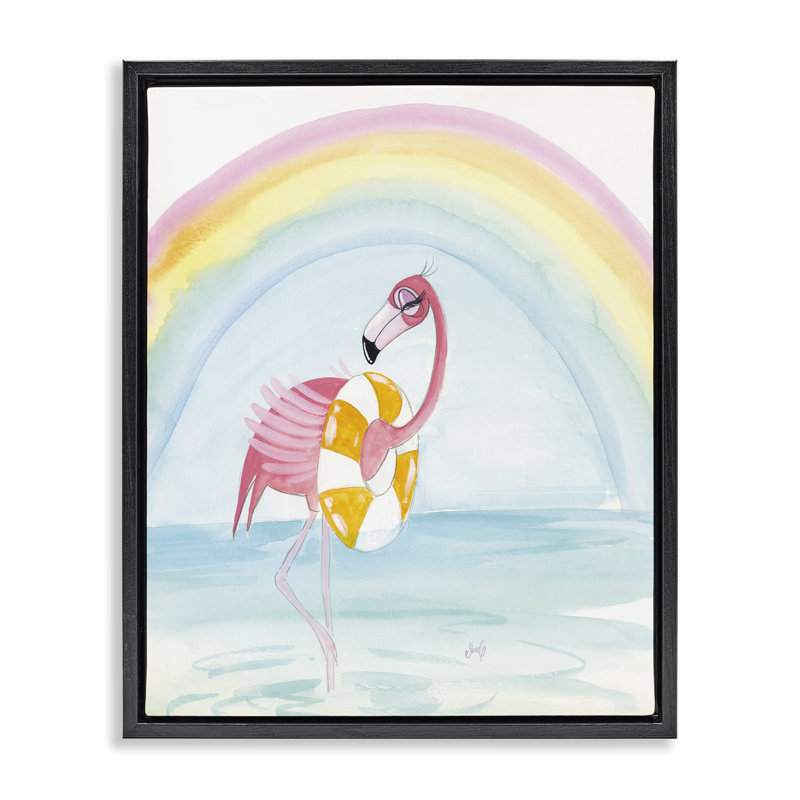 «Summer Beach Flamingo», art mural encadré par Stellar Design Studio, H 31 po x l 25 po, Cadre flottant noir de jais