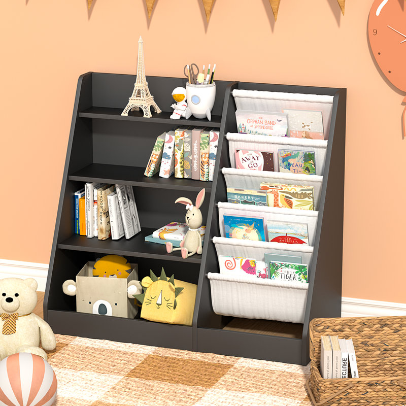 Bibliothèque pour enfants Maggiorina, étagère à livres, armoire de rangement, présentoir à livres, Noir / blanc