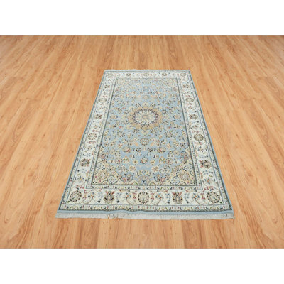 5'x8'1" Light Blue Hand Knotted Nain Design 250 KPSI Soft Wool Rug 953DA186BA0E4A37B3C1AC651C5320DA