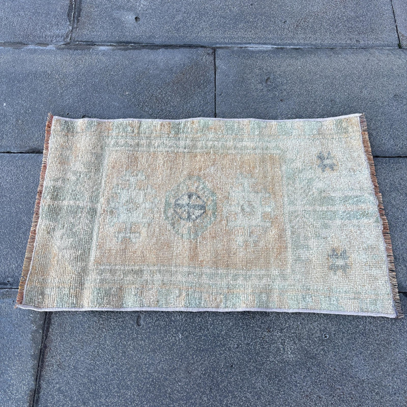 Handwoven Vintage Turkish Oushak Rug in Soft Washable Green for Entryway and Home Decor