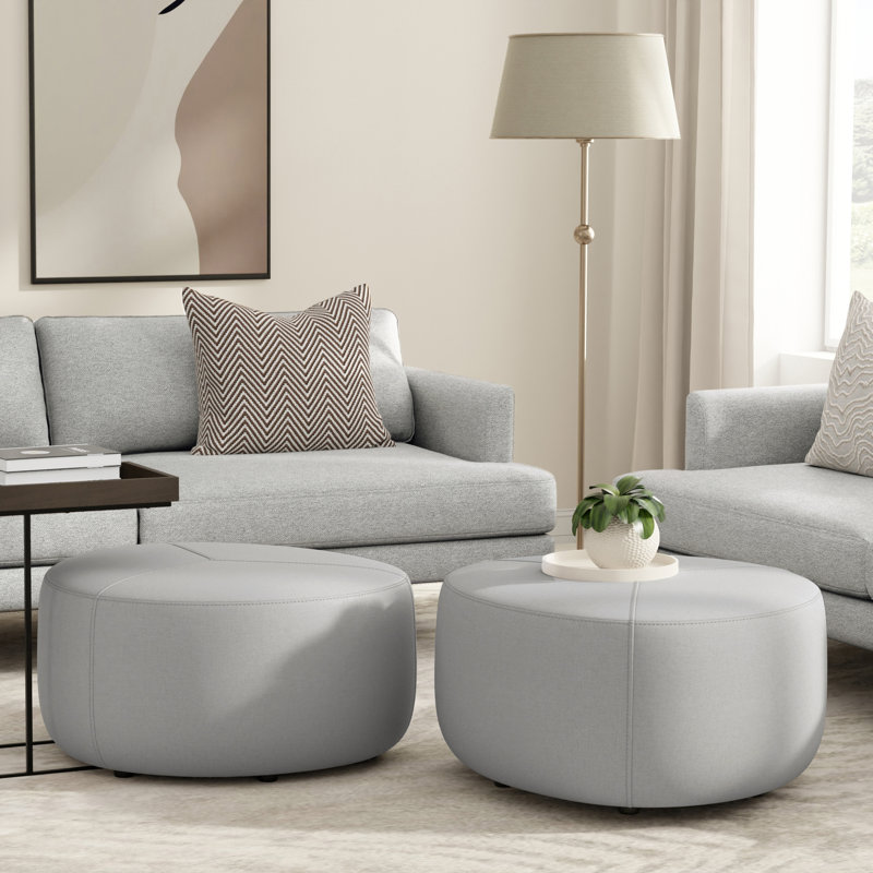 Moore 32" Light Grey Linen Round Ottoman
