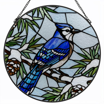 12"H Blue Jay Stained Glass Window Panel