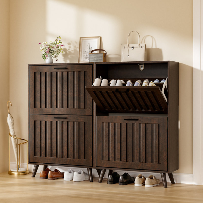Entry Shoe Cabinet With 2 Flip Drawers, Freestanding Wooden Grooved Board Shoe Cabinet,Black, 2, Brown