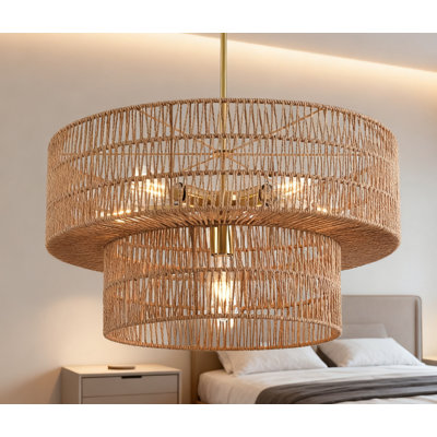Lustre en rotin 6 lumières avec base en métal doré, luminaire suspendu en osier naturel tissé à la main pour salle à manger, décor de maison de campagne ou bohémien
