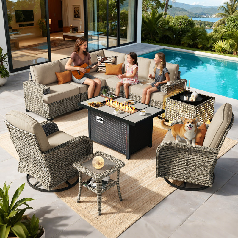 7- Person Outdoor Wicker Patio Conversation Furniture Set With Fire Pit Table, Beige