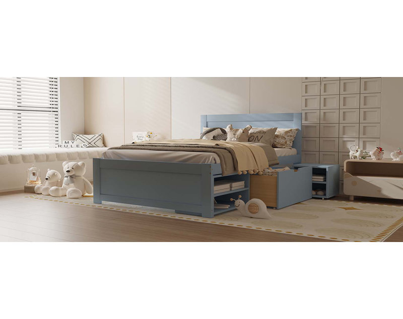 Lit plateforme avec tiroir et deux tablettes, Gris, Lit double