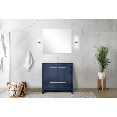 Meuble-lavabo bleu marine l 36 po x P 20 po avec plateau en marbre de culture et tiroirs à fermeture en douceur pour les rayures et les taches Nombreuses options de rangement