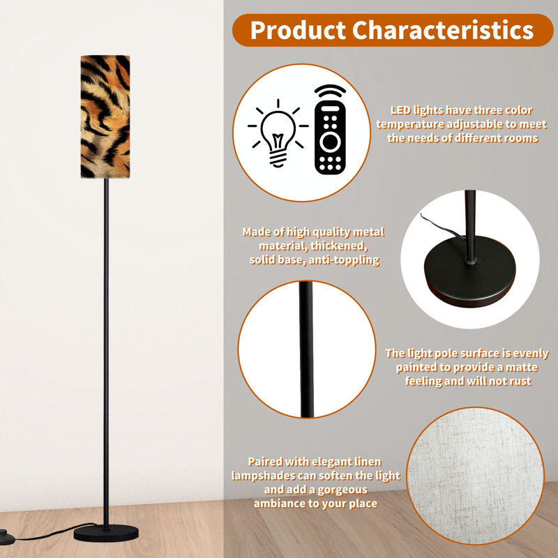  68.5" Standing Floor Lamp Tiger Skin Exotic Texture Animal Dimmable Metal Pole Lamp with Linen Lampshade LED Bulb Included