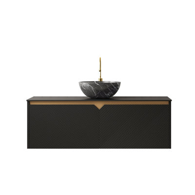 48" Floating Bathroom Vanity With Black Stone Vessel Sink, Sintered Stone Top & Twill Carved Doors – Matte Black Finish