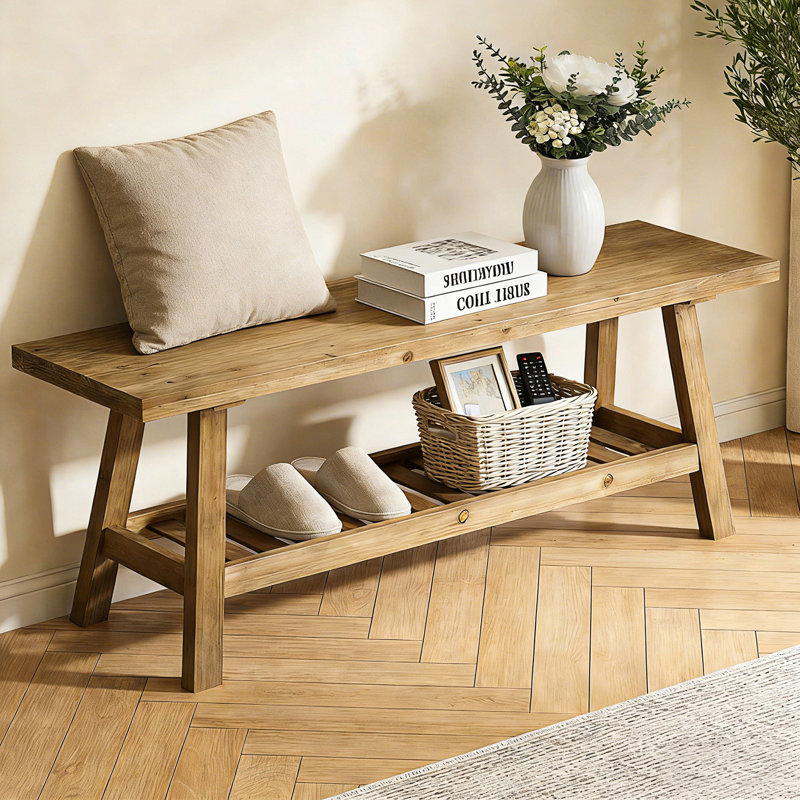 Banc de ferme, banc d'entrée à 2 niveaux, banc de rangement étroit rustique avec tablette de rangement ouverte