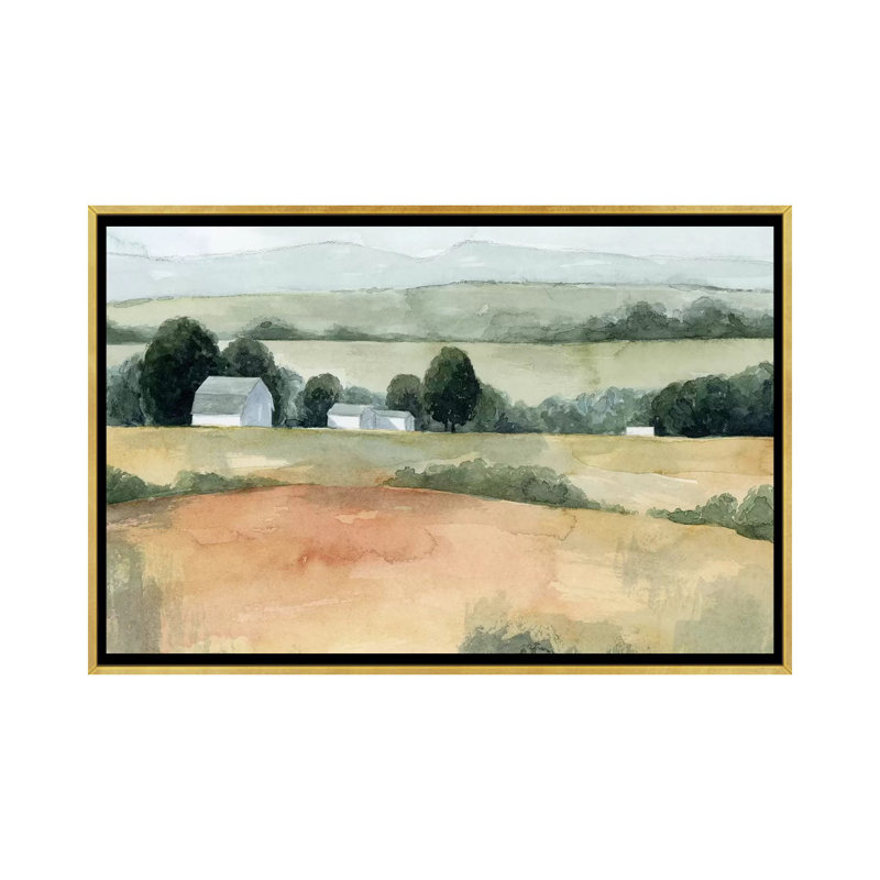 « Family Farm I » par Grace Popp, reproduction d’art, H 32 po x l 48 po x 1,5 po, Toile encadrée d'or, Pas de tapis