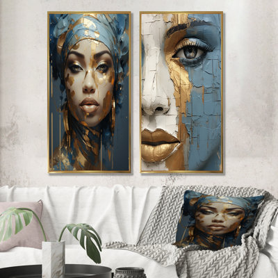 Blue And Gold African Woman Portrait - African Woman Canvas Art Print Set Of 2