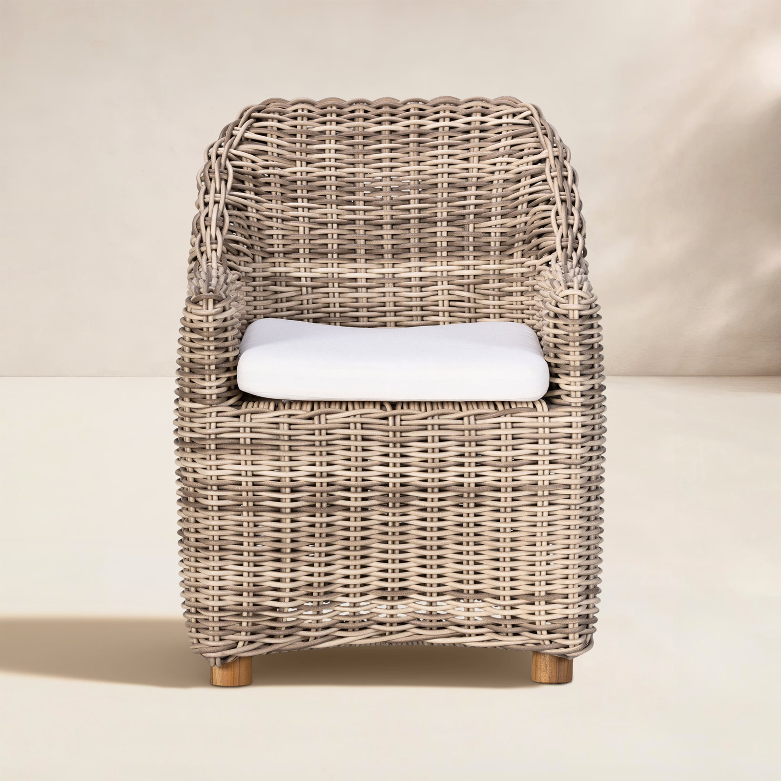 Teak Wicker Premium All-Weather Wicker Outdoor Dining Armchair with Cushion, Chunky Sand Woven