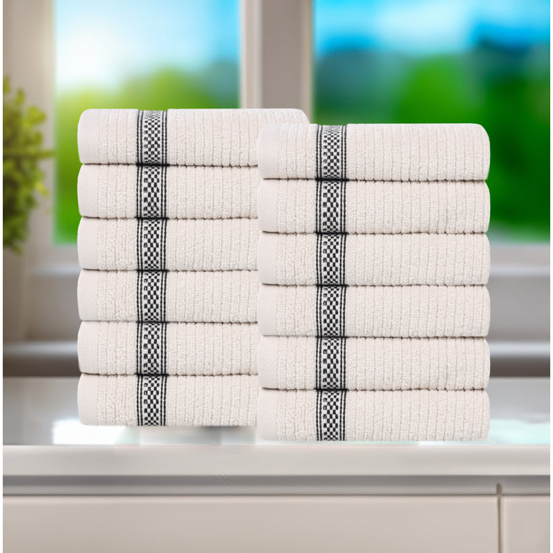 Amanita Zero Twist Cotton Ribbed Modern Geometric Border Soft Face Towel/Washcloth Set, Stone