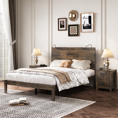 3-Pieces Bedroom Sets, Farmhouse Platform Bed With Two Bedside Lights, 2-Drawer Nightstand, Antique Walnut