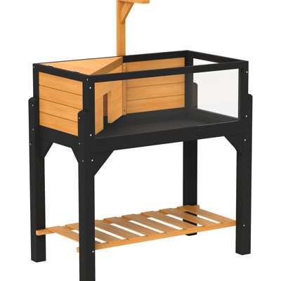 Maison de tortue en bois jaune avec tablette de rangement, grandes fenêtres transparentes à l'avant pour la vue, dessus ouvrable et support de lampe - rangement facile, bonne visibilité, abri confortable
