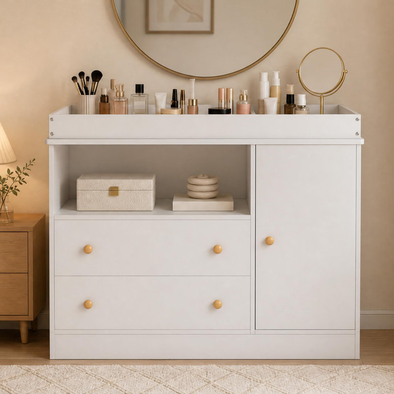 Commode à langer pour bébé avec barrières de sécurité, 2 tiroirs, garde-robe et tablette ouverte, poste de change avec trousse anti-basculement