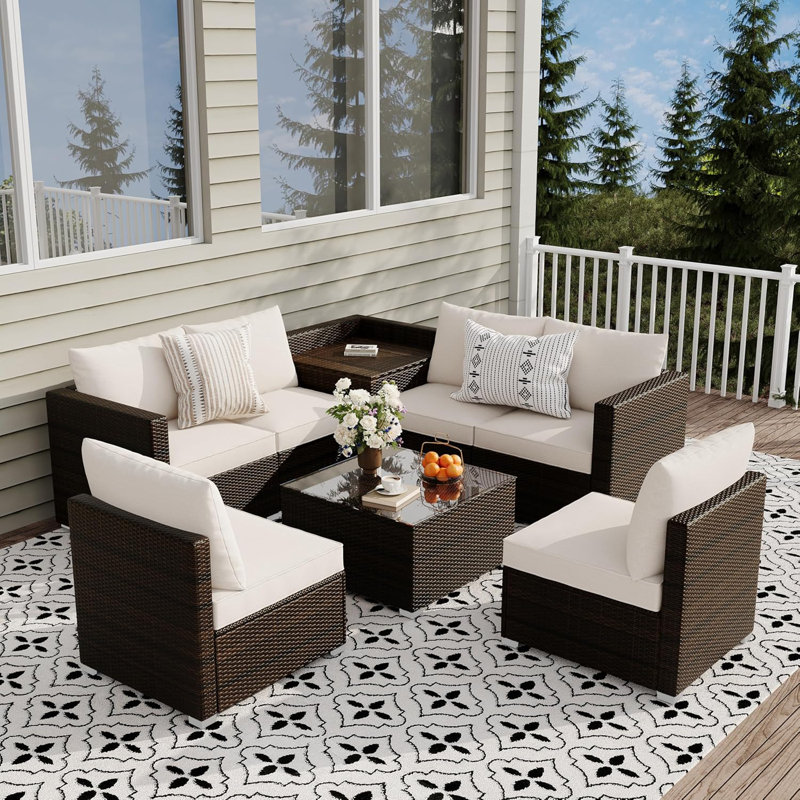 Ensemble de mobilier d'extérieur 8 pièces, ensembles de conversation en rotin avec coussins, table basse et boîte de rangement, ensemble modulaire d'extérieur pour terrasse