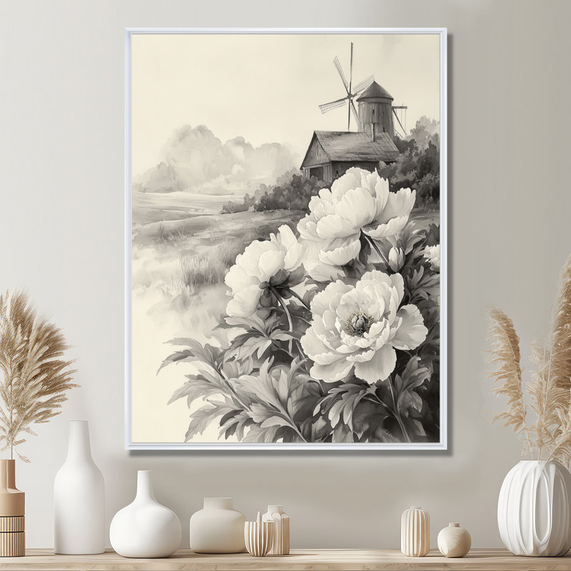 Art mural Eckhoff, pivoines et moulin à vent II - pivoines, H 32 po x l 16 po, Reproduction avec cadre flottant, Blanc