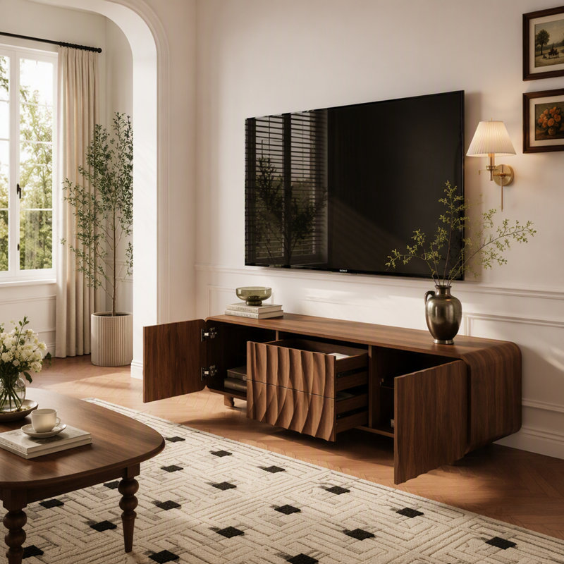 Console télé Mid-Century de 58 pouces avec conception unique en spirale ondulée, armoire de rangement et 2 tiroirs pour le salon et la chambre à coucher